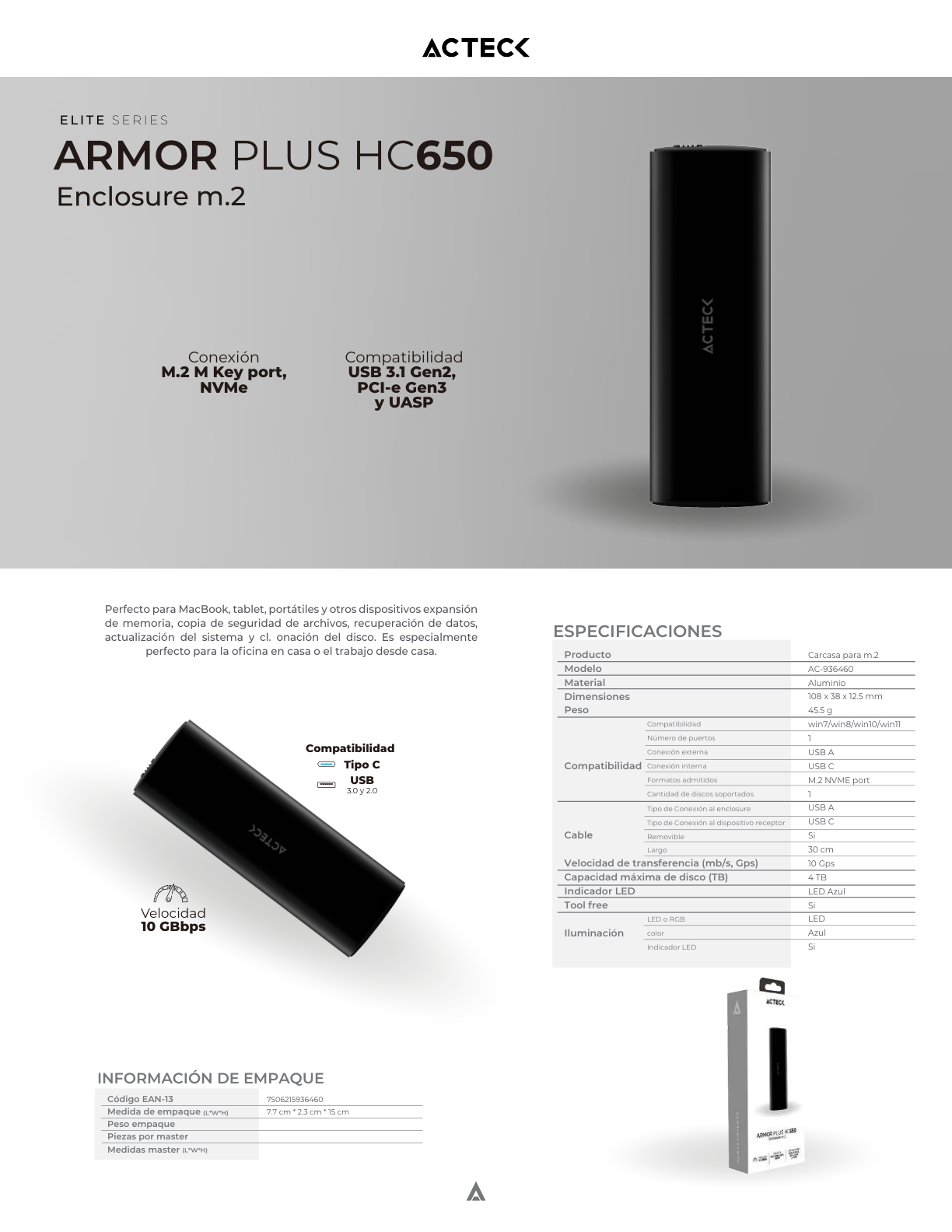 Gabinete Acteck Enclosure SSD Armor Plus HC650  M.2 NVME USB C Gen 2 10 Gbps compatible con 2280/2260/2242/2230 Aluminio Elite Series Negro