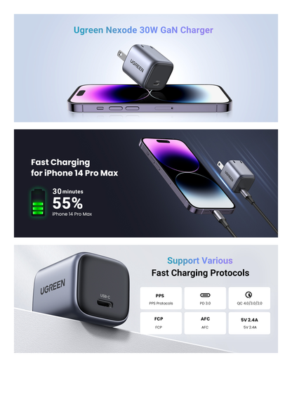 Cargador Mini de 30W serie Nexode | 1 USB-C de Carga Rápida | Tecnología GaN II | Power Delivery 3.0 | Quick Charge 4.0 | Carga Inteligente | Múltiple Protección | Mayor Eficiencia Energética | Tamaño Compacto.