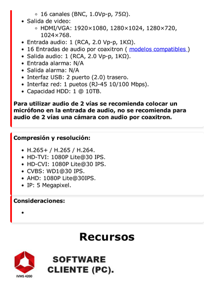 DVR 16 Canales TurboHD + 2 Canales IP / 2 Megapixel (1080p) Lite / Acusense Lite (Evita falsas alarmas) / Audio por Coaxitron / 1 Bahía de Disco Duro / H.265+ / Salida de VÌdeo en Full HD