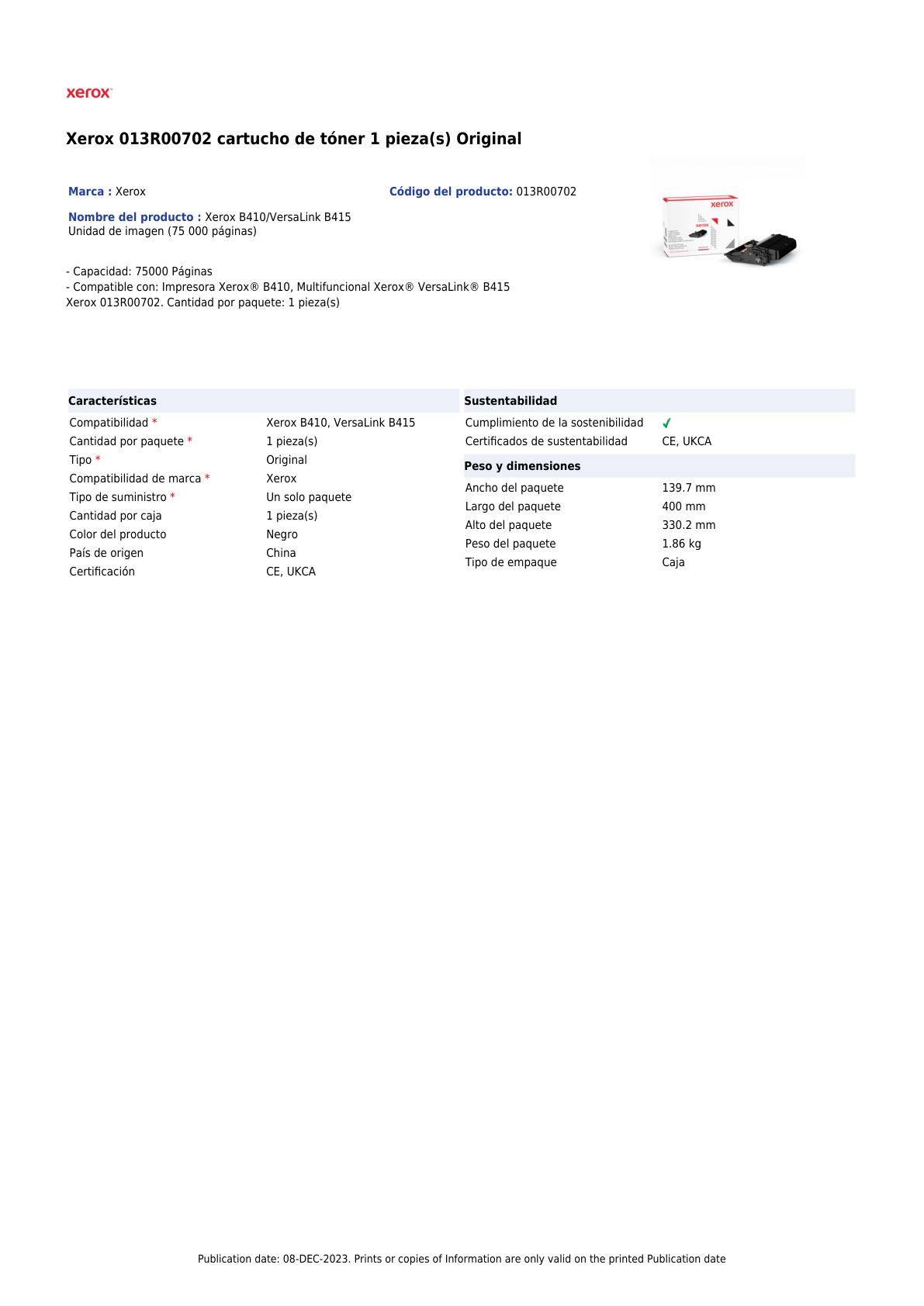 Tambor XEROX 013R00702 Negro VersaLink B410/B415  (75 000 PAG)