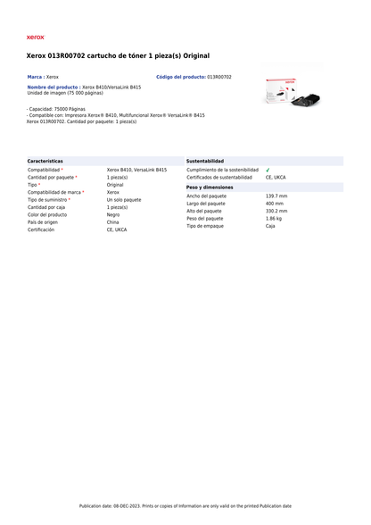 Tambor XEROX 013R00702 Negro VersaLink B410/B415  (75 000 PAG)