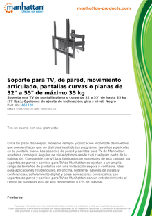 SOPORTE MANHATTAN PARA TV 32 A 55 PULG PARED 35KG MOV ARTICULADO PANTALLAS CURVAS O PLANAS