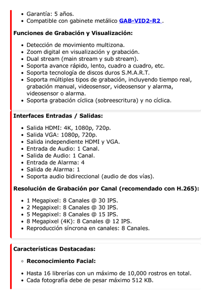 (ACUSENSE / Evita Falsas Alarmas) NVR 12 Megapixel (4K) / Reconocimiento Facial / 8 Canales IP / Base de Datos / 8 Puertos PoE+ / 2 Bahías de Disco Duro /  Switch PoE 300 mts Modo Extendido