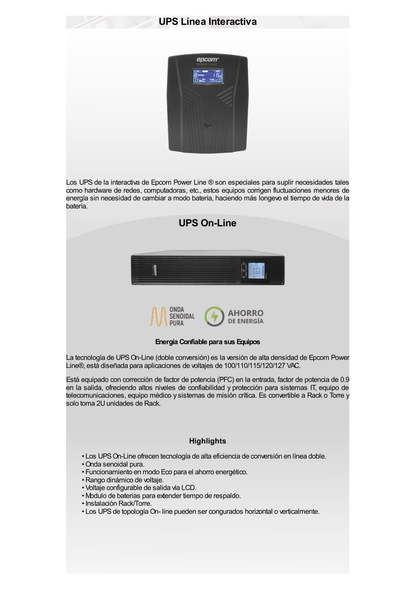 UPS de 2000VA/1800W / Topología On-Line Doble Conversión / Entrada y Salida de 120 Vca / Clavija de Entrada NEMA 5-20P / Pantalla LCD Configurable / Formato Rack/Torre