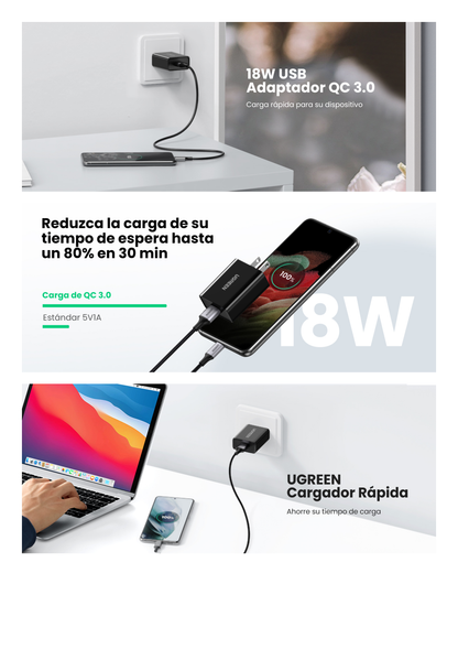 Cargador de 18W | 1 Puerto USB-A | Carga Rápida | QC3.0/ QC2.0 /QC1.0 AFC, FCP, BC1.2| Tamaño Compacto | UL, PSE, FCC, CE | Protección Múltiple.