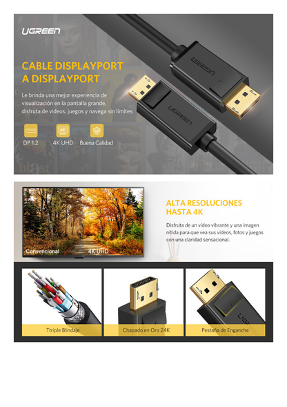 Cable DisplayPort 1.2 Macho a Macho/ Longitud 1.50 m / Versión DP1.2 / Soporta 4K@60Hz; 2K@144Hz / Soporta 3D / Color profundo de 8 y 10 bits / Blindaje Interno Múltiple / Cobre Estañado 28AWG  / Botón de Liberación