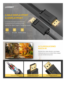 Cable DisplayPort 1.2 Macho a Macho/ Longitud 3m / Versión DP1.2 / Soporta 4K@60Hz; 2K@144Hz / Soporta 3D / Color profundo de 8 y 10 bits / Blindaje Interno Múltiple / Cobre Estañado 28AWG  / Botón de Liberación