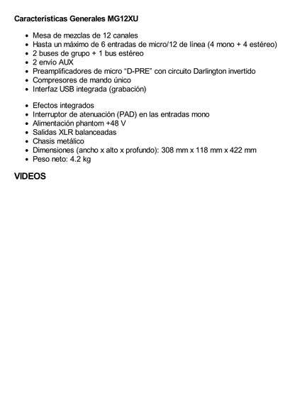 Mezcladora de Audio | 12 Canales | 6 Entradas de Micrófono/línea | 2 Entradas Estéreo | Efectos Integrados | Alimentación Phantom | USB