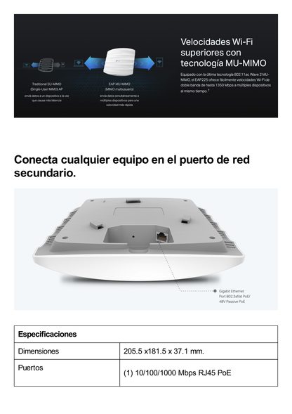 Punto de Acceso Omada / Doble Banda AC 1350 MU-MIMO / Montaje en Techo-Pared / Configuración Stand-alone o Por Controlador / Alimentación PoE af