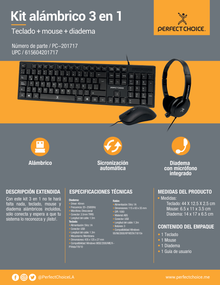 Kit teclado mouse y diadema Perfect Choice negro alambrico USB 1000DPI