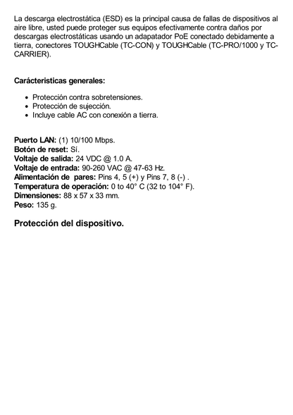 Adaptador PoE Ubiquiti de 24 VDC, 1.0 A Puerto Fast Ethernet