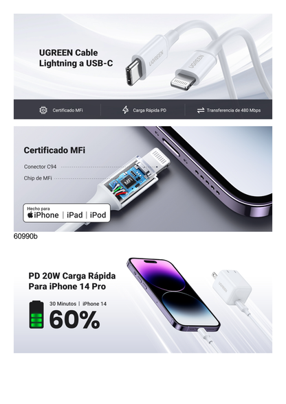 Cable USB-C a Lightning | 1 Metro | Certificado MFi | Carga Rápida 60W | 480 Mbps | PD | Conector C94 | Adecuado para iPhone, iPad y iPod | Protección Integrada | Caja de ABS | Cubierta de TPE | Color Blanco.