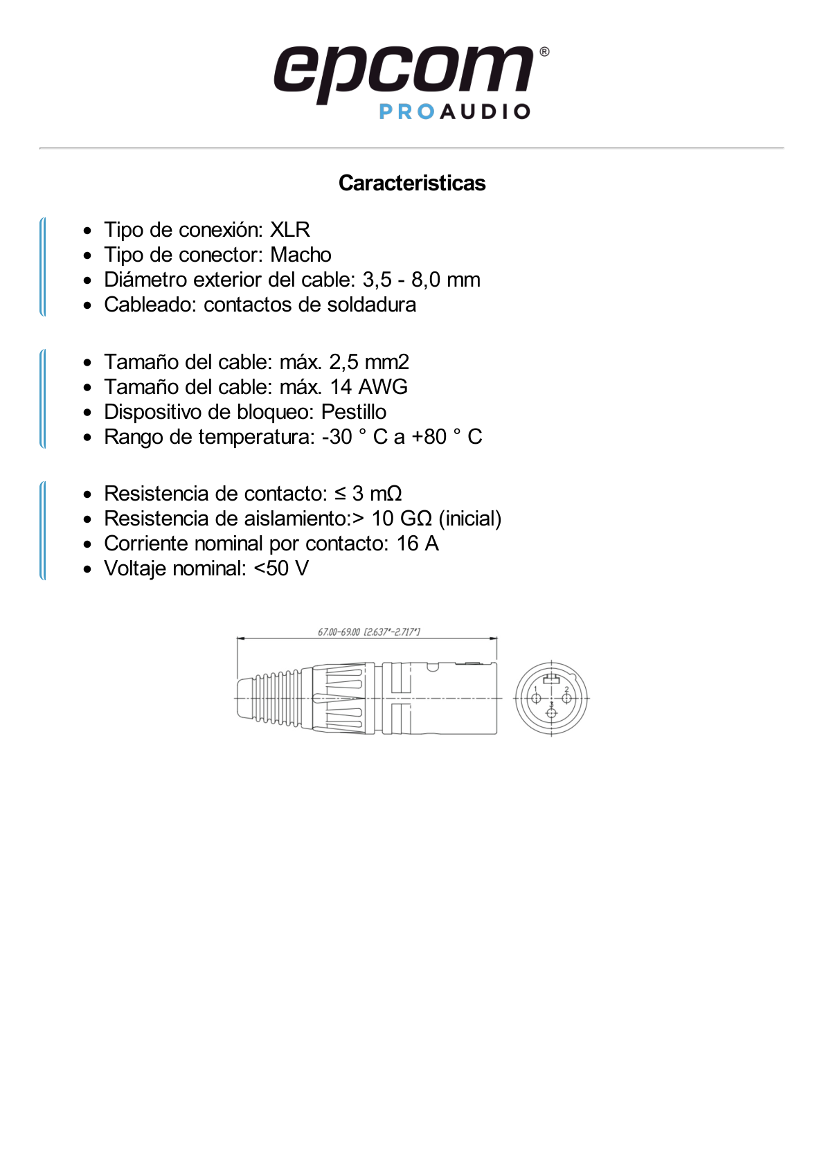 Conector XLR 3 Pines Macho | Ideal para Conexiones de Micrófonos, Mezcladoras | Equipo de Audio Profesional