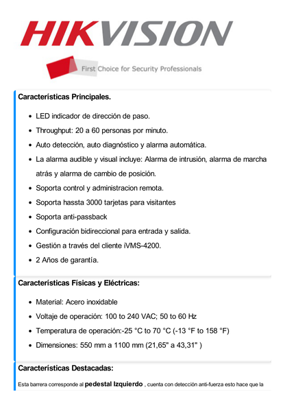 Torniquete de Apertura para Lado Izquierdo / Metal / Con 12 Pares de Detectores IR / Soporta Terminal de Reconocimiento Facial