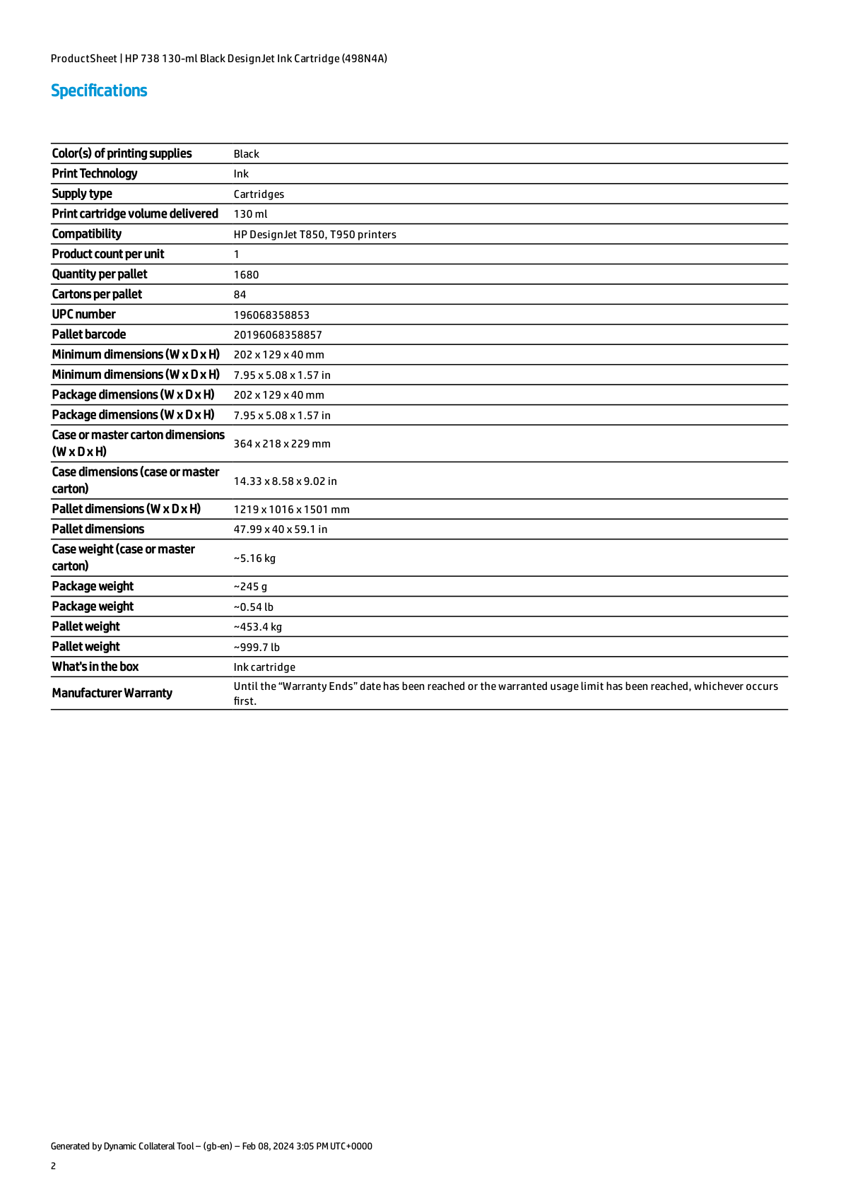 Tinta HP LF 738 498N4A Negro DesignJet T850 / T950 130ml