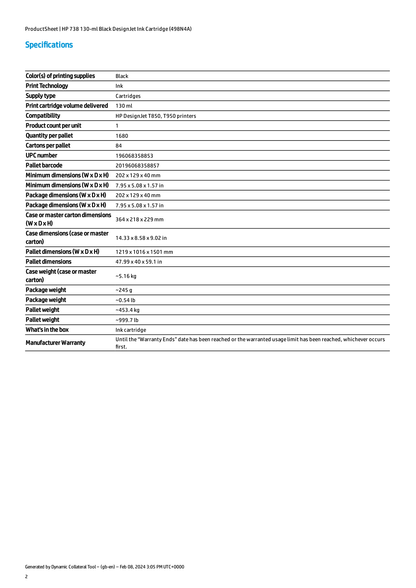 Tinta HP LF 738 498N4A Negro DesignJet T850 / T950 130ml