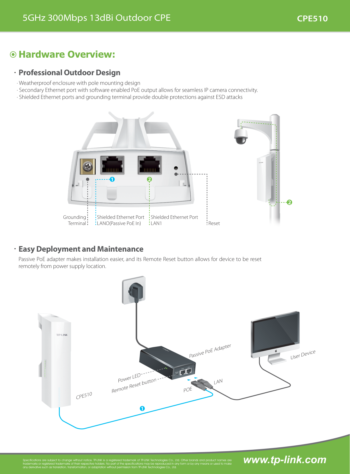 CPE exterior TP-Link CPE510 5GHz 300Mbps 13dBi antena 2x2 MIMO direccional polarizado dual potencia de 0 a 27dBm/ 500mw