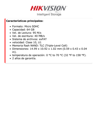 Memoria microSD / Clase 10 de 64 GB / Especializada Para Videovigilancia (Uso 24/7) / Compatibles con cámaras HIKVISION y Otras Marcas