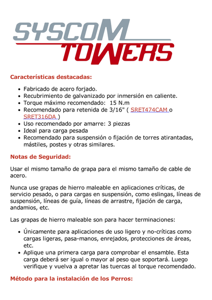 Nudo/ Perro/ Abrazadera Acero Forjado para Cable de 3/16" Galv. Inmersión en Caliente.