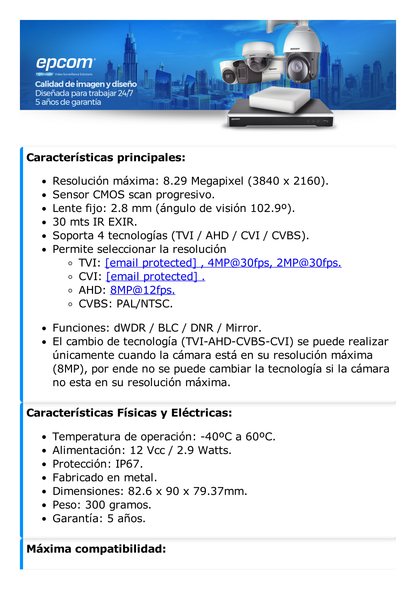 Eyeball TURBOHD 4K (8Megapixeles) / Gran Angular 102° / Lente 2.8 mm / Exterior IP67/ IR EXIR 30 mts / dWDR / TVI-AHD-CVI-CVBS