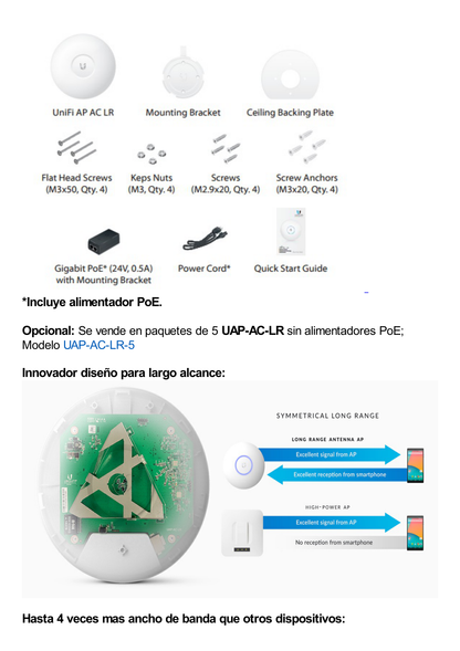 Access Point UniFi de largo alcance, Doble banda 802.11ac MIMO2X2 para interior, PoE 802.3af, soporta 250 clientes, hasta 867 Mbps