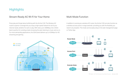 Router Wi-Fi AC750 WISP TP-Link Archer C20 W 1 puerto WAN y 4 puertos LAN 10/100 con 3 antenas externas