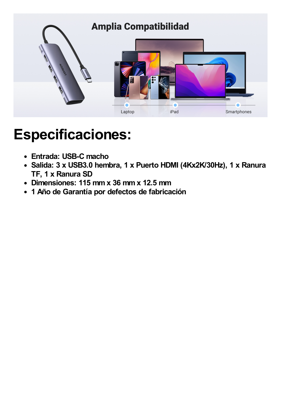 HUB USB-C Multipuertos / HDMI 4K@30Hz  / 3 Puertos USB-A 3.0 / Lector Tarjeta SD+TF (Uso Simultáneo) / 6 en 1 / Carcasa de Aluminio.