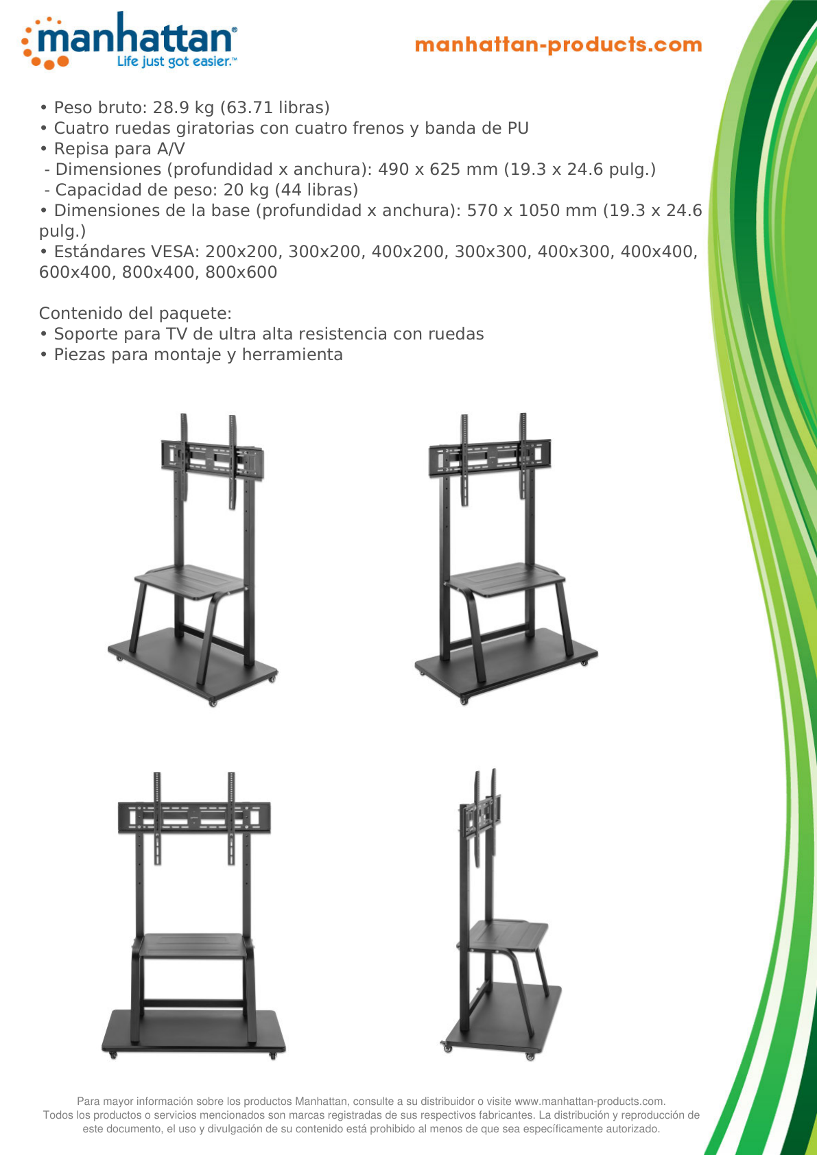 Soporte Manhattan para TV 37 a 100 pulg tipo carro 150KG repisa y base para laptop o dispositivo  ultra alta resistencia negro plano o curvo