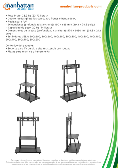 Soporte Manhattan para TV 37 a 100 pulg tipo carro 150KG repisa y base para laptop o dispositivo  ultra alta resistencia negro plano o curvo