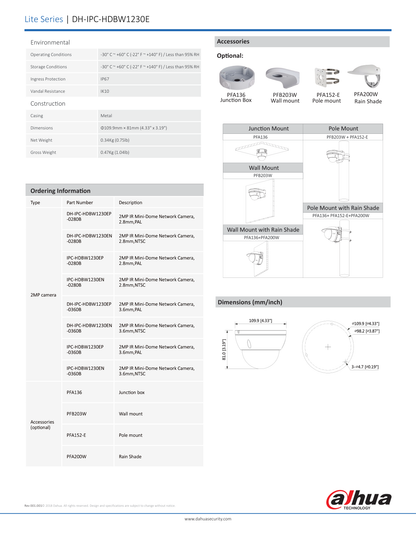 DAHUA IPC-HDBW1230E- CAMARA IP DOMO 2 MEGAPIXELES  / LENTE DE 2.8MM / ANTIVANDALICA IK10 / H.265 / IR 30 METROS / DWDR / IP67/