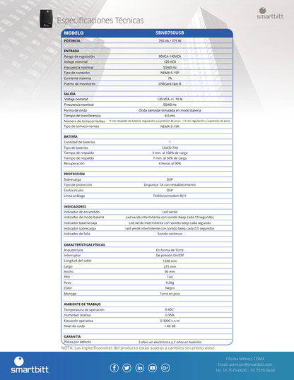 UPS interactivo Smartbitt SBNB750 750VA/375W 120V torre 6 NEMA 5-15R con respaldo batería regulación y supresor picos