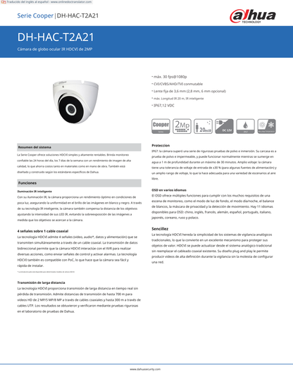 Camara Dahua DH-HAC-T2A21N domo 2 mpx lente 2.8 mm IR 20 m metalica exterior 100 gds apertura IP67