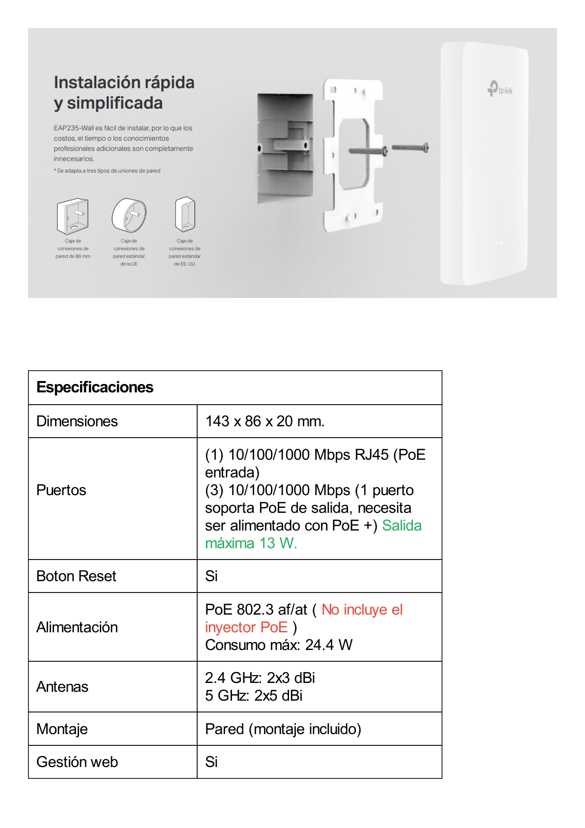 Punto de acceso Omada /  Doble Banda AC1200 MU-MIMO / Diseño para Pared con 3 Puertos Adicionales / Configuruación por Controlador o Stand-Alone / Alimentación PoE af/at