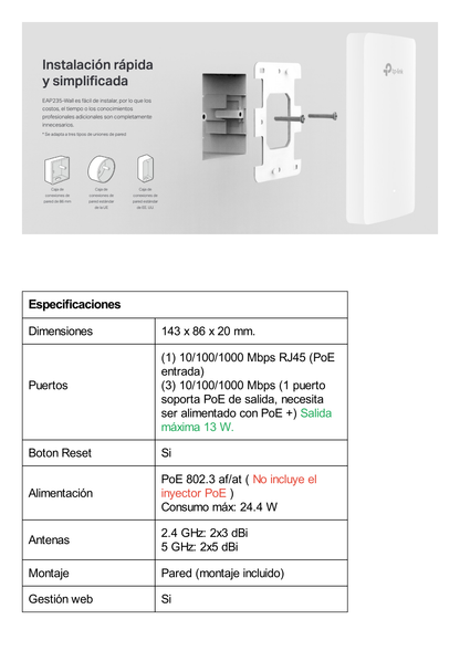 Punto de acceso Omada /  Doble Banda AC1200 MU-MIMO / Diseño para Pared con 3 Puertos Adicionales / Configuruación por Controlador o Stand-Alone / Alimentación PoE af/at