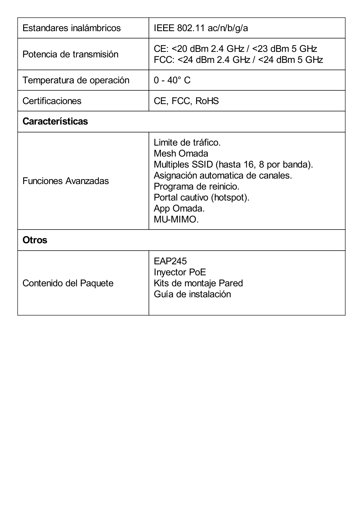 Punto de Acceso Omada / Doble Banda AC 1750 MU-MIMO / Mesh Omada / Montaje en Techo-Pared / Configuración Stand-alone o Por Controlador / Alimentación PoE af