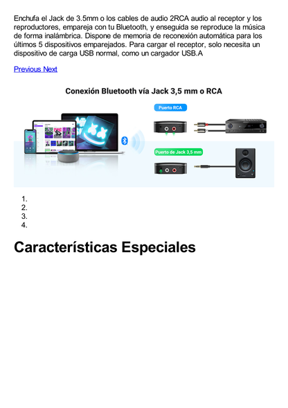 Receptor de Audio Bluetooth 5.0 a RCA o Auxiliar 3.5mm / Tecnología EDR / Reconexión Automática / Hasta 10 m / Ideal para Conectar Celulares, o Tabletas hacia alguna Bocina o Sistema de Audio