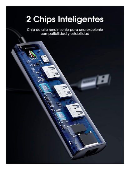 HUB USB-A (Docking Station) 5 en 1 | 3 USB-A 3.0 (5Gbps) | 1 RJ45 (Gigabit Ethernet) | Entrada Micro USB | Luz Indicadora LED | Doble Chip de Última Generación | Caja ABS + PC | Interfaz Niquelada | Color Gris Metalizado.