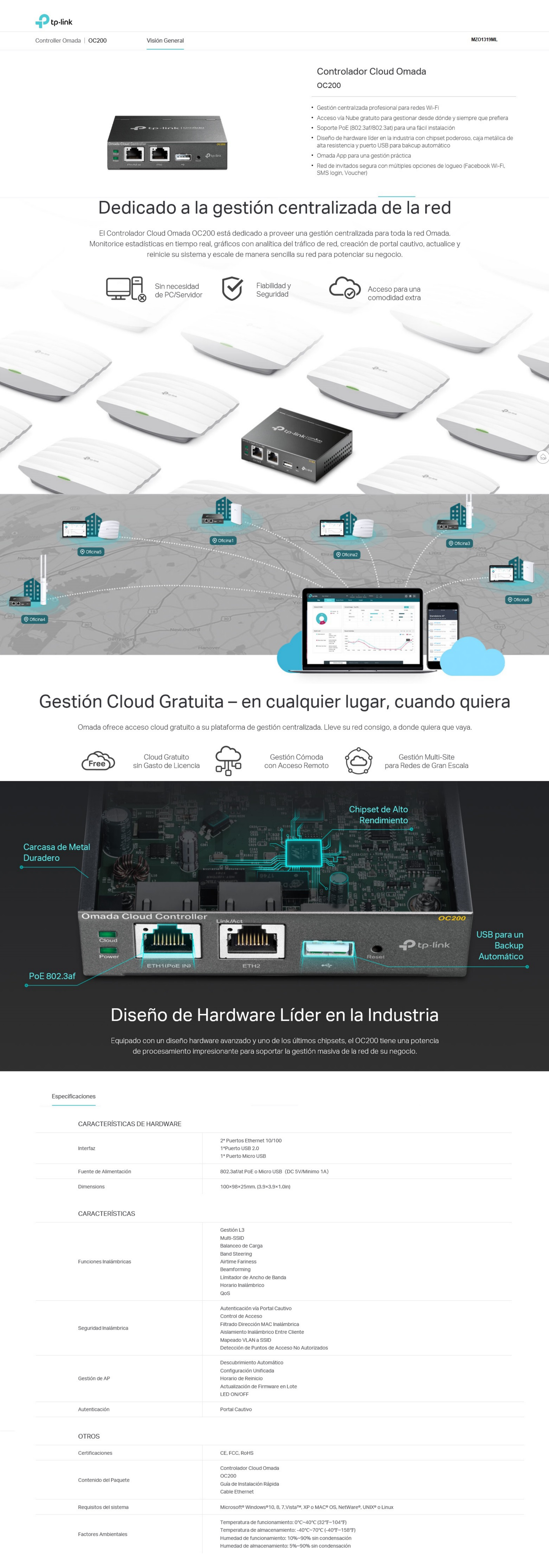 Controladora Cloud Omada TP-Link OC200 gestión centralizada para redes Wi-Fi 1 x RJ45 PoE 802.3af/802.3at 1 x USB 2.0 1 x Micro USB