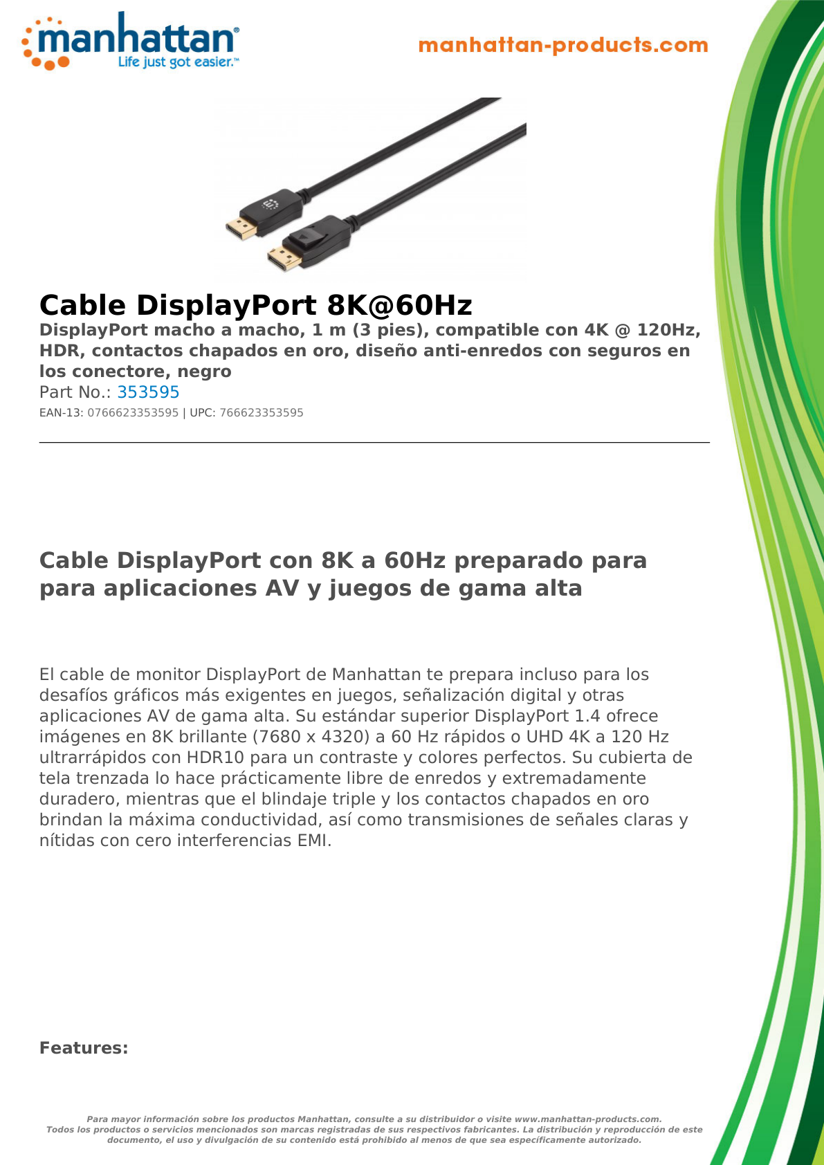 CABLE MANHATTAN DISPLAYPORT V1.4 M-M 1M NEGRO 8K 60HZ