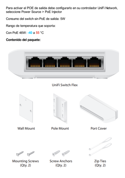 Switch UniFi FLEX de 5 puertos para semi-exterior IP55 (1 x PoE de entrada 802.3af/at/bt y 4 puertos PoE de salida 802.3af)