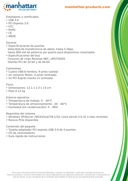 TARJETA MANHATTAN PCI EXPRESS USB V3 4 PUERTOS ESTANDAR BRACKET