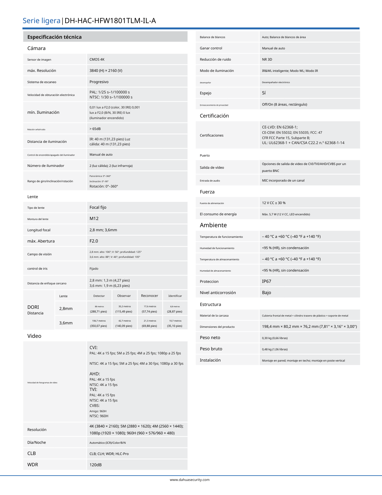 Camara Dahua DH-HAC-HFW1801TLMN-IL-A bullet full color 4 k lente 2.8mm IR 40 m metal exterior micronofo integrado 106 gds apert iluminador IP67
