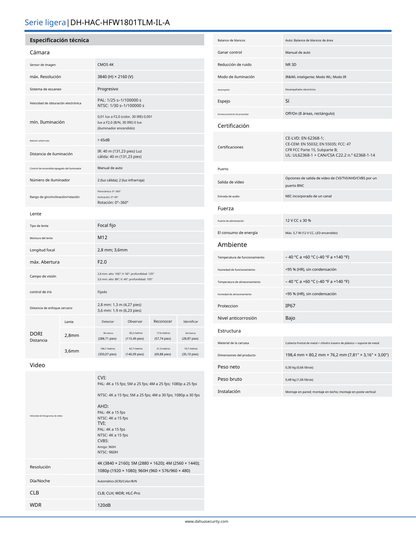 Camara Dahua DH-HAC-HFW1801TLMN-IL-A bullet full color 4 k lente 2.8mm IR 40 m metal exterior micronofo integrado 106 gds apert iluminador IP67