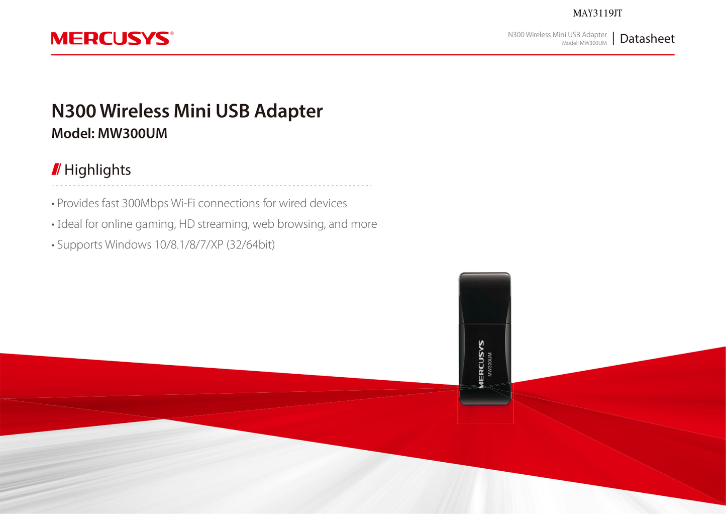 Adaptador inalámbrico USB 2.0 Mercusys MW300UM N 300Mbps 2.4GHz