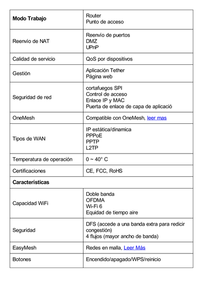 Router WiFi 6 AX 1500Mbps / MU-MIMO 2X2 y OFDMA / 1 Puerto WAN 10/100/1000 Mbps / 4 Puertos LAN 10/100/1000 Mbps / 4 Antenas Beamforming