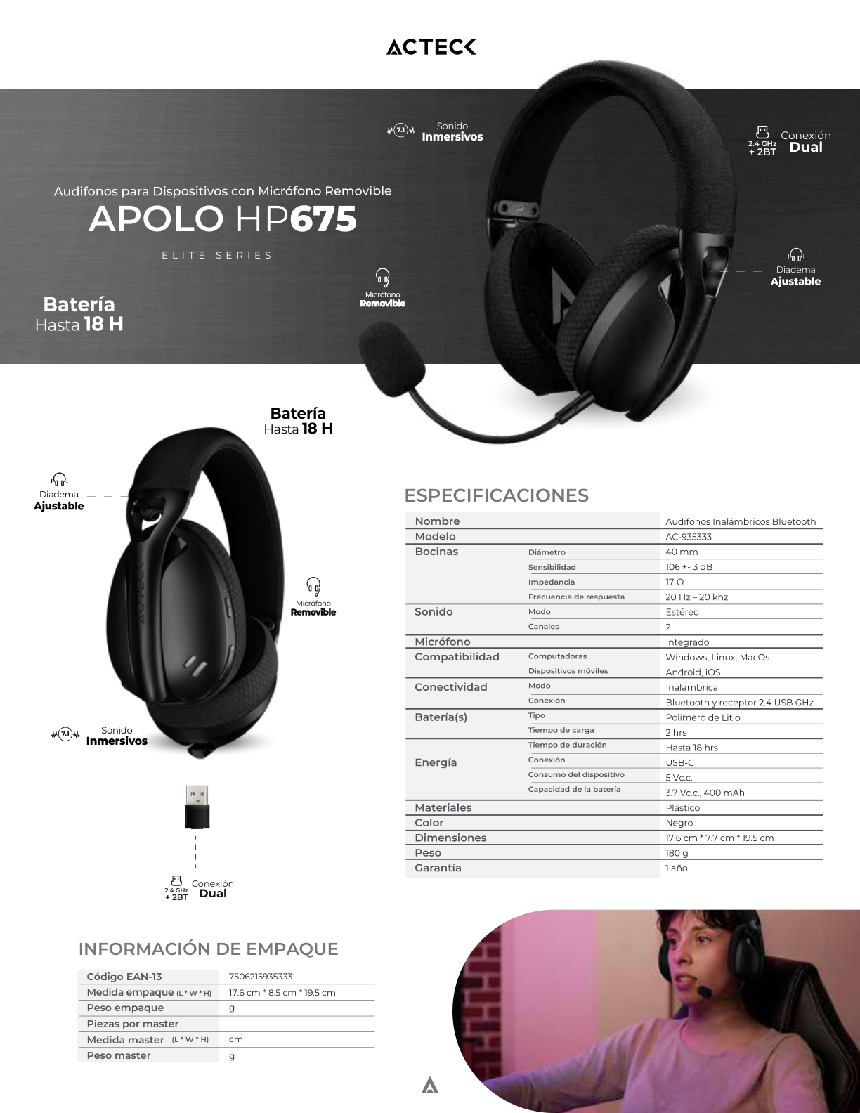 Audifonos diadema Acteck Apolo HP677 Negro Over Ear Bloutooth/USB/3.5mm Elite Series