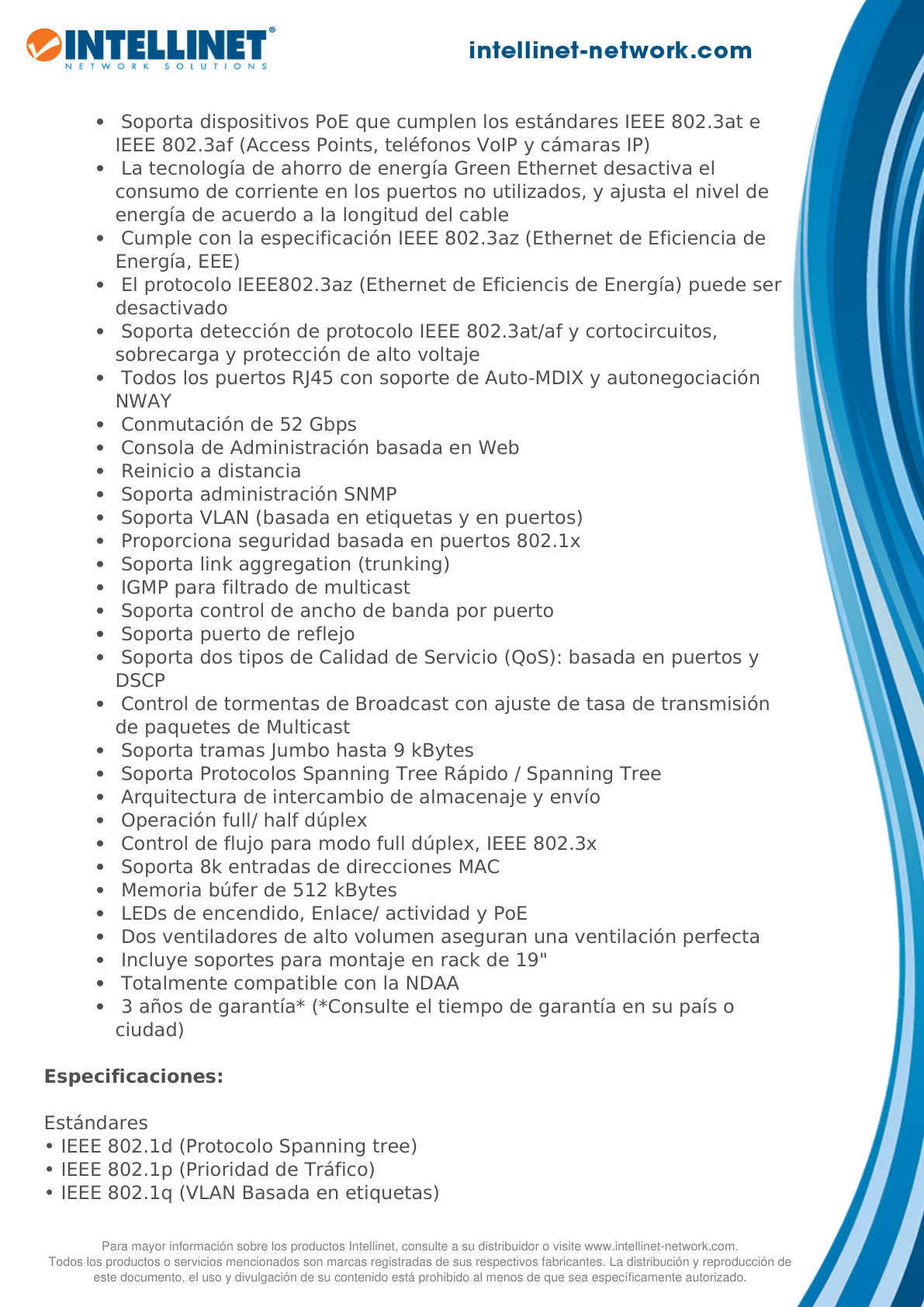 Switch PoE Intellinet administrable Gigabit 24 puertos 30W/pto 240W 2 SFP