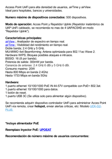 Access Point UniFi doble banda 802.11ac Wave 2 MU-MIMO 4X4, airView, airTime, hasta 500 clientes, antena Beamforming, PoE 802.3at