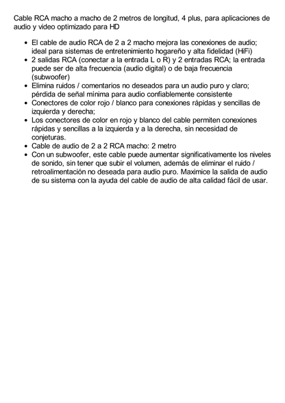 Cable RCA Macho a Macho de 2 Metros de Longitud / Aplicaciones de Audio y Video Optimizado para HD