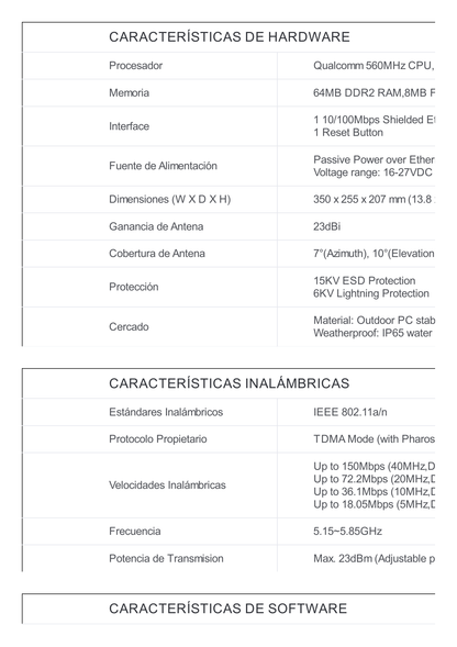 CPE de Exterior de 5 GHz a 150Mbps, Antena direccional de 23dBi, potencia de 23 dBm, PoE pasivo